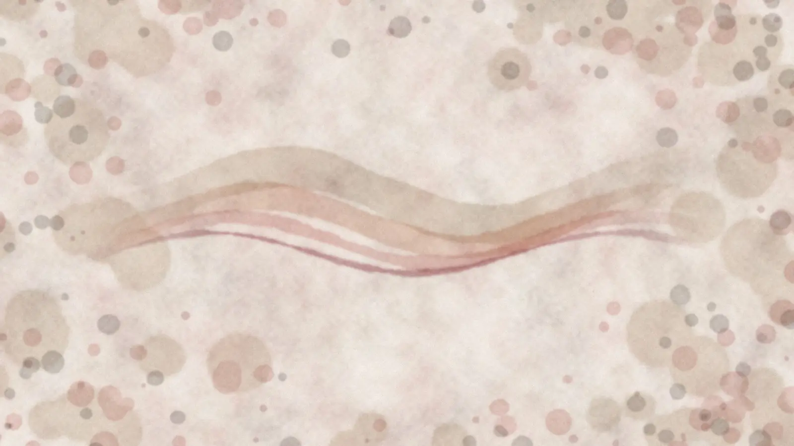 Watercolor of slow, wavy bands in stone, blush, and oxblood crossing a quiet cream center, with scattered pigment spots thinning out toward the middle.
